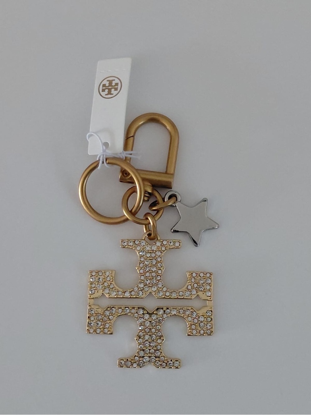 Tory Burch Gold Crystal Logo Key Holder with Star Charm